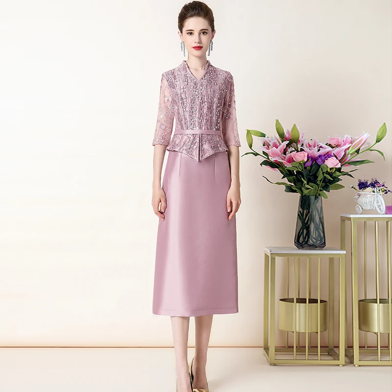 欧朵姬婚礼妈妈气质礼服2023新款假两件显瘦修身婚礼喜婆婆婚宴装