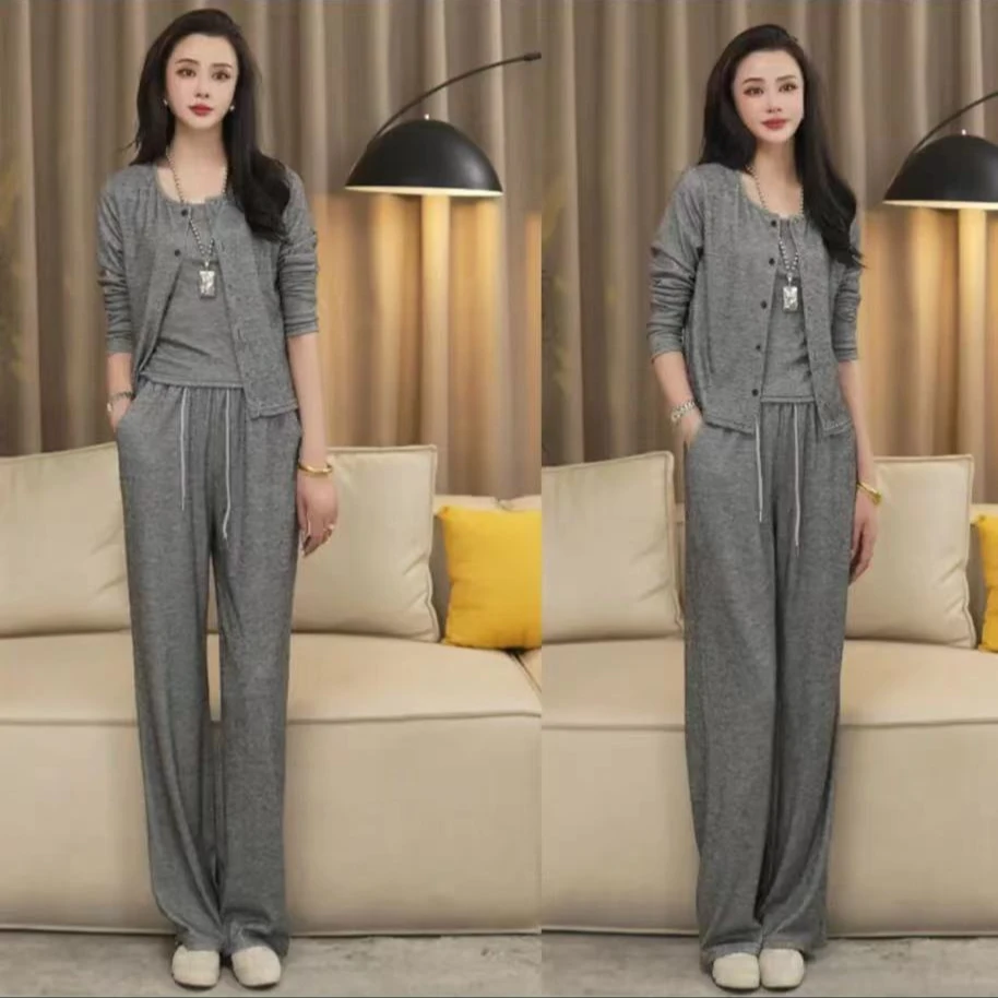 新款运动休闲套装时尚秋冬季2024高端宽松开衫阔腿裤三件套-10