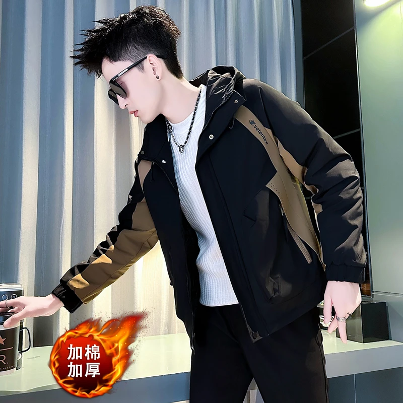 男士连帽夹克秋冬季2024新款高级感痞帅拼色加棉加厚男装上衣外套