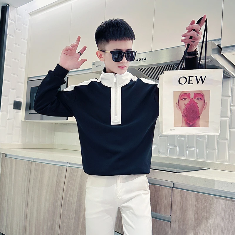 男士卫衣秋季男装2024新款半拉链立领拼色痞帅男生长袖打底衫外套