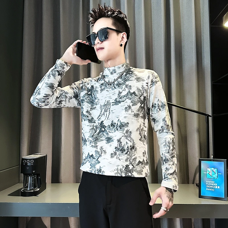 半高领男士长袖t恤秋冬季2024新款山水画印花长袖打底衫男装衣服