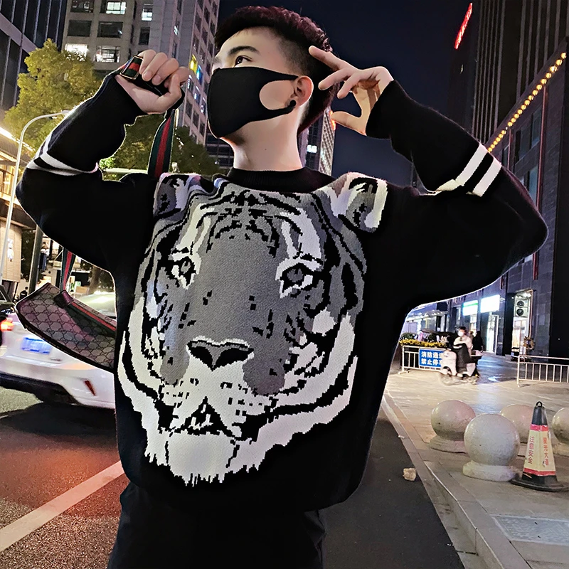 老虎提花男士毛衣秋冬季个性痞帅针织衫2023新款爆款男装打底线衣