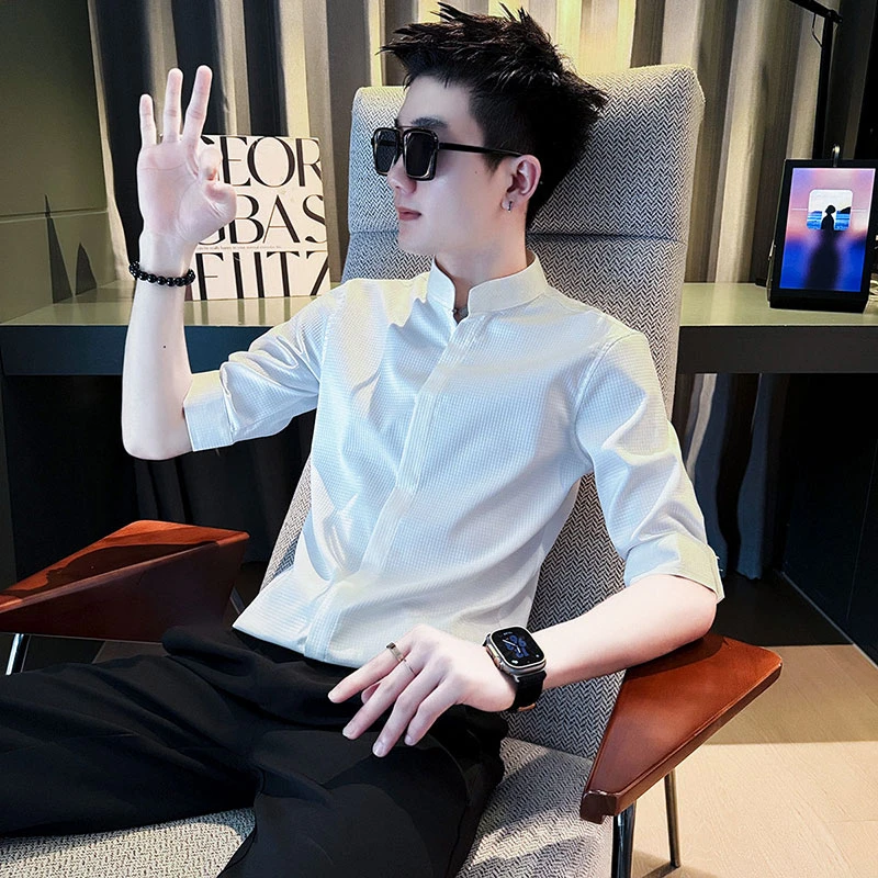 白衬衫薄款痞帅高级感夏季2025新款男装寸衫修身立领男士中袖衬衣