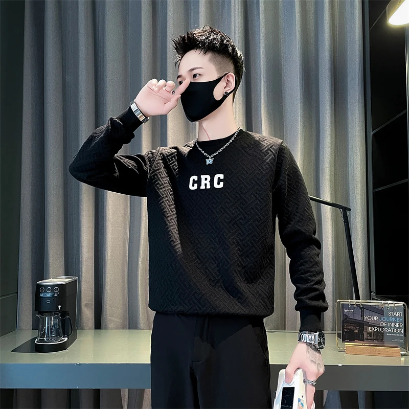 男士卫衣秋季男装2024新款高级感提花百搭圆领男生长袖打底衫外套