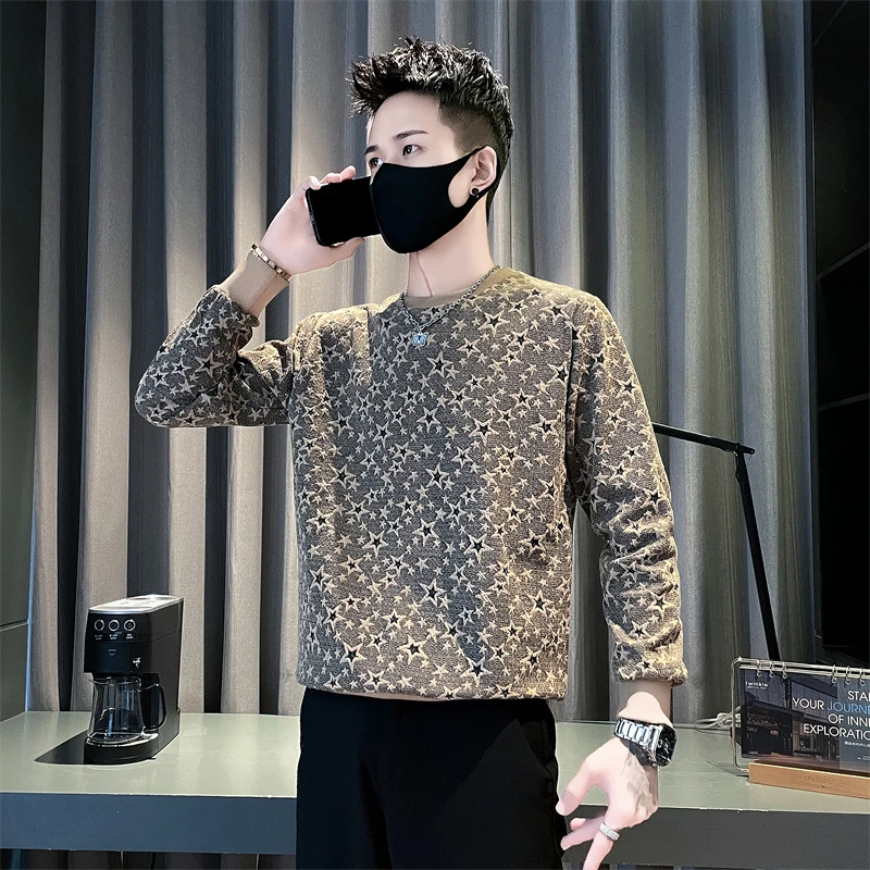 男士卫衣秋季2025新款五角星提花痞帅圆领长袖打底衫男装上衣外套
