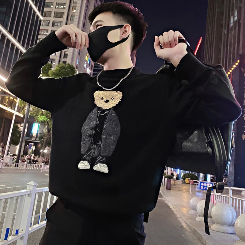 男士毛衣秋冬季2023新款爆款圆领刺绣小熊针织衫冬装内搭打底线衣
