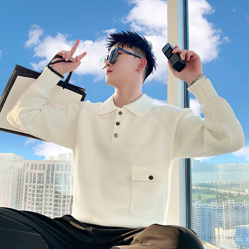 男士毛衣秋冬季2023新款爆款高级感痞帅翻领男装上衣打底针织线衫