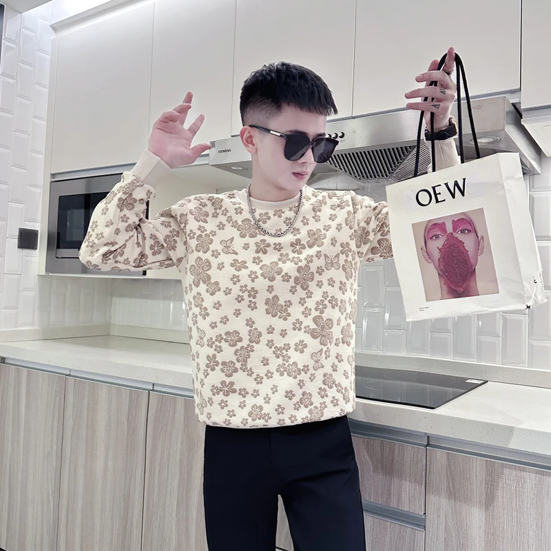 男士卫衣秋季2025新款爆款花卉提花男生圆领长袖打底潮牌男装上衣