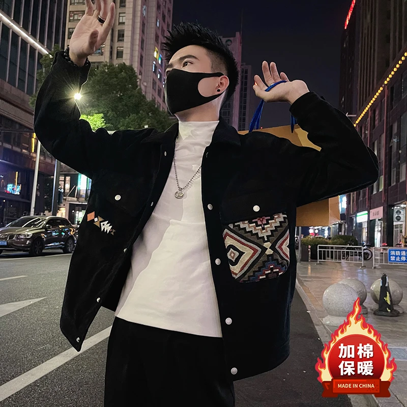 民族风灯芯绒男士夹克加棉加厚外套男秋冬款2023新款潮牌男装上衣