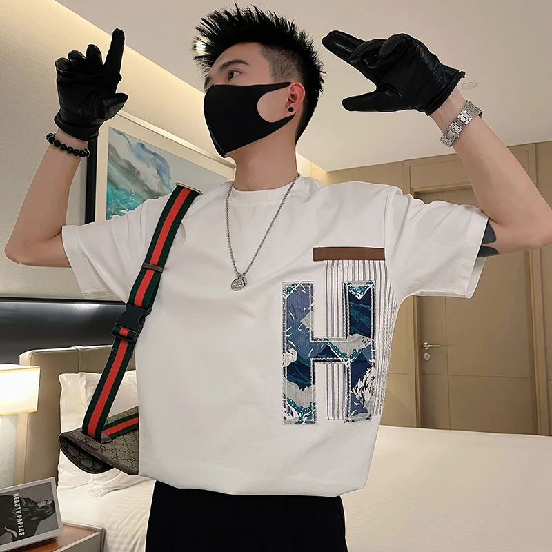 短袖t恤男士夏季2025新款撞色贴布刺绣潮牌半袖高级男装痞帅体恤