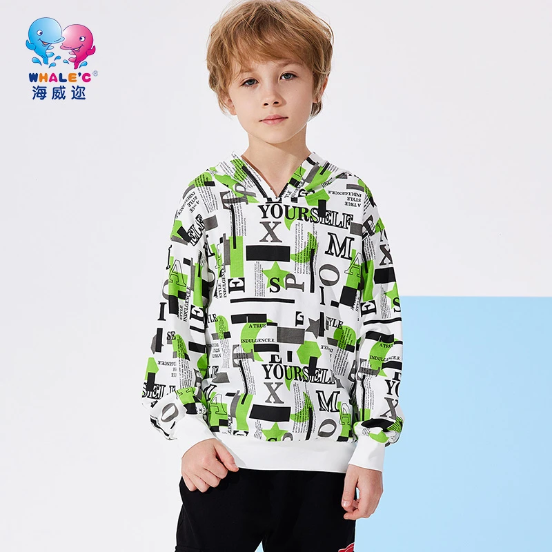 WHALE'C/海威迩男童字母满印连帽卫衣春秋儿童洋气潮酷休闲上衣