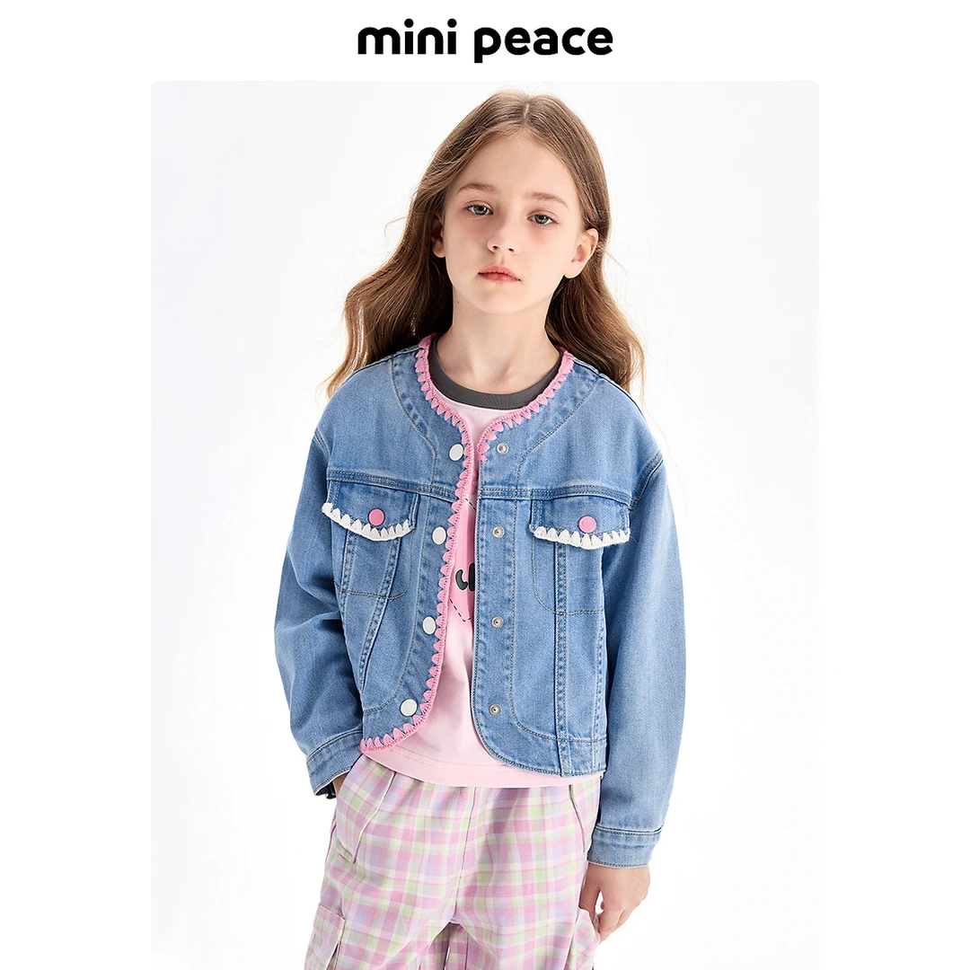 MINIPEACE太平鸟童装女童和尚领外套儿童牛仔夹克撞色潮流秋装