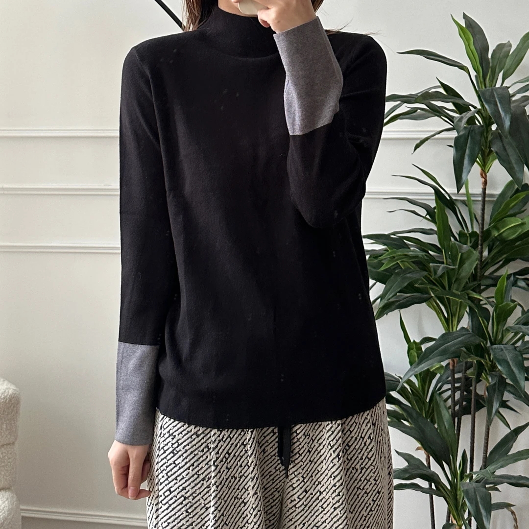 美亚恩NANA慵懒风半高领/圆领显瘦打底衫毛衣秋冬袖口撞色A0951