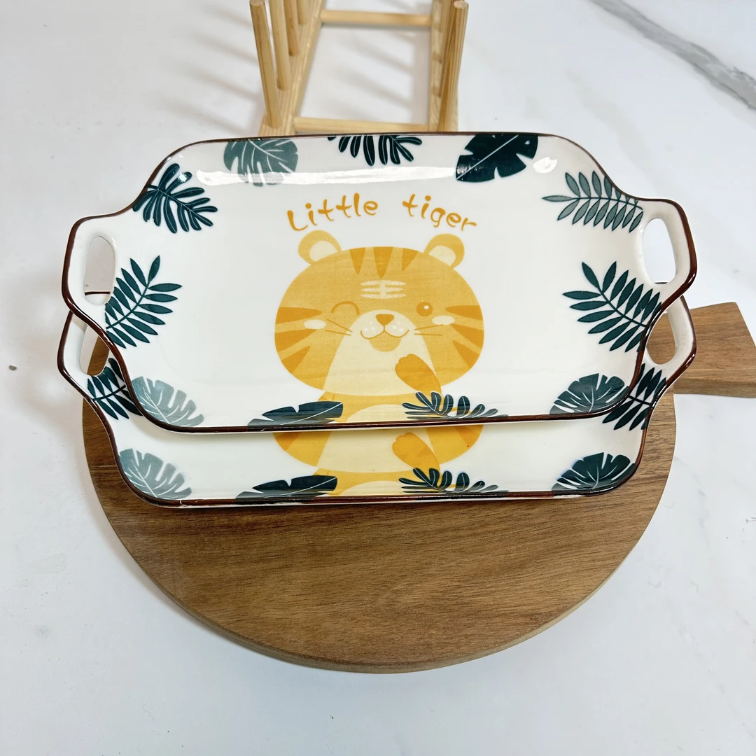 双耳长方12英寸饺子盘盘子陶瓷鱼盘瓷盘釉下彩烤盘（两个装）手绘