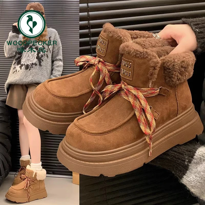 啄木鸟厚底雪地短靴女冬季加绒加厚保暖2024新款毛毛雪地棉鞋外穿