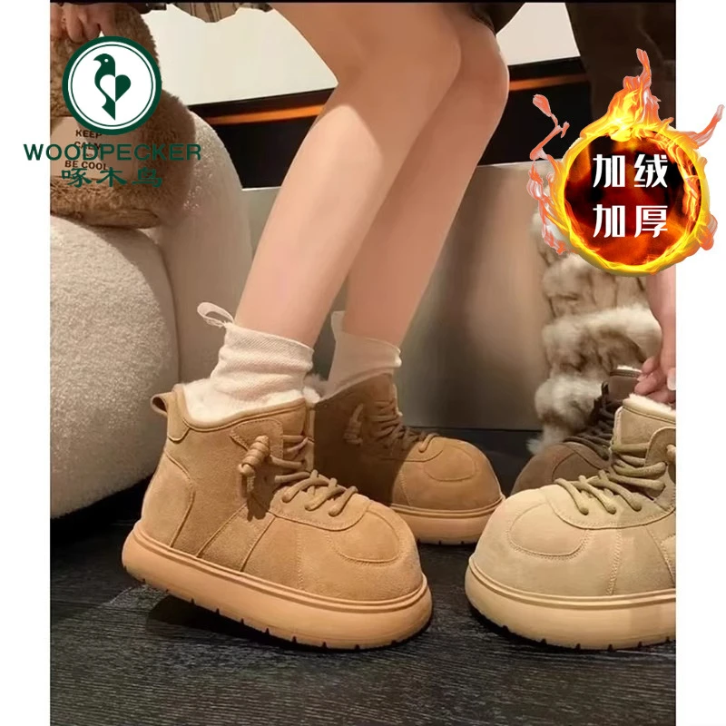 啄木鸟大头雪地靴女2024冬季新款厚底加绒保暖轻便防滑东北大棉鞋