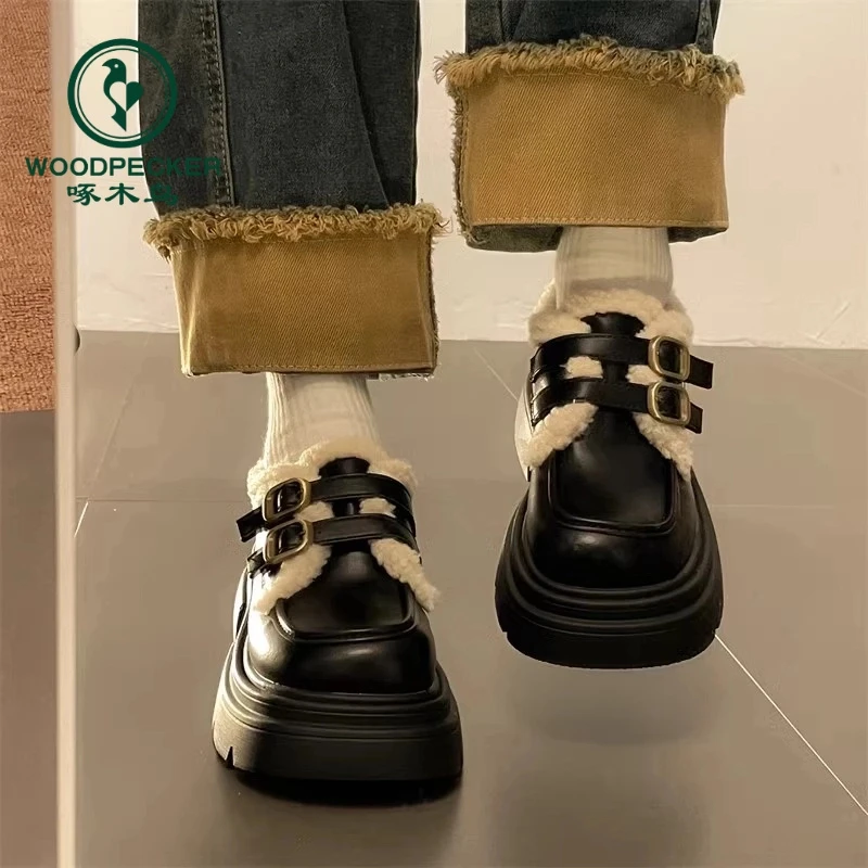 啄木鸟黑色英伦风小皮鞋女秋冬2024新款厚底乐福鞋加绒棉鞋玛丽珍