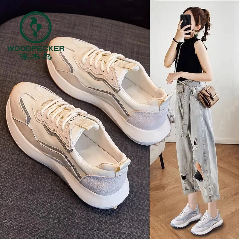 啄木鸟学生鞋2024夏季新款德训鞋女华夫阿甘鞋透气厚底休闲运动鞋