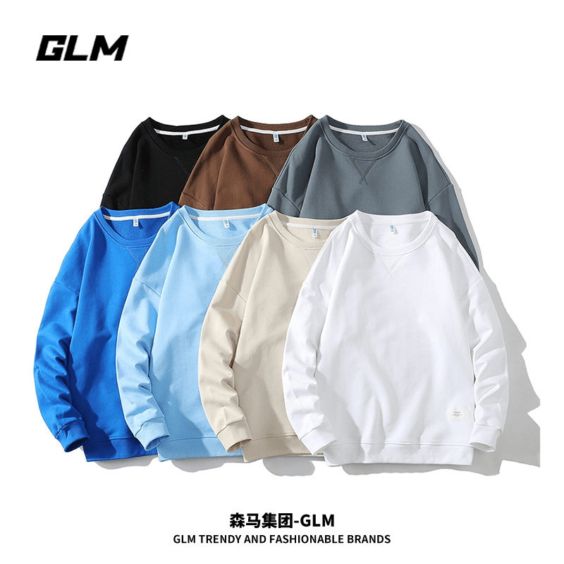森馬集团GLM 美式圆领卫衣男士秋季复古宽松套头纯色打底衫外套