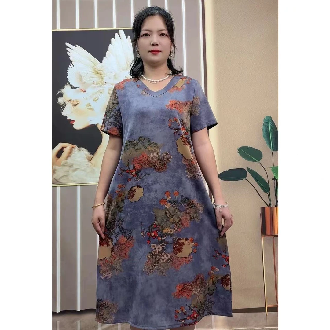 【004】夏季时尚显瘦气质妈妈装宽松大码百搭透气连衣裙（腊梅）