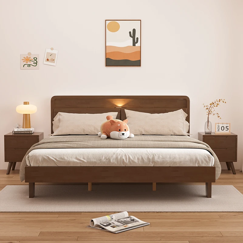 床实木原木床家用主卧室双人床简约北欧大床胡桃色经济型实木床