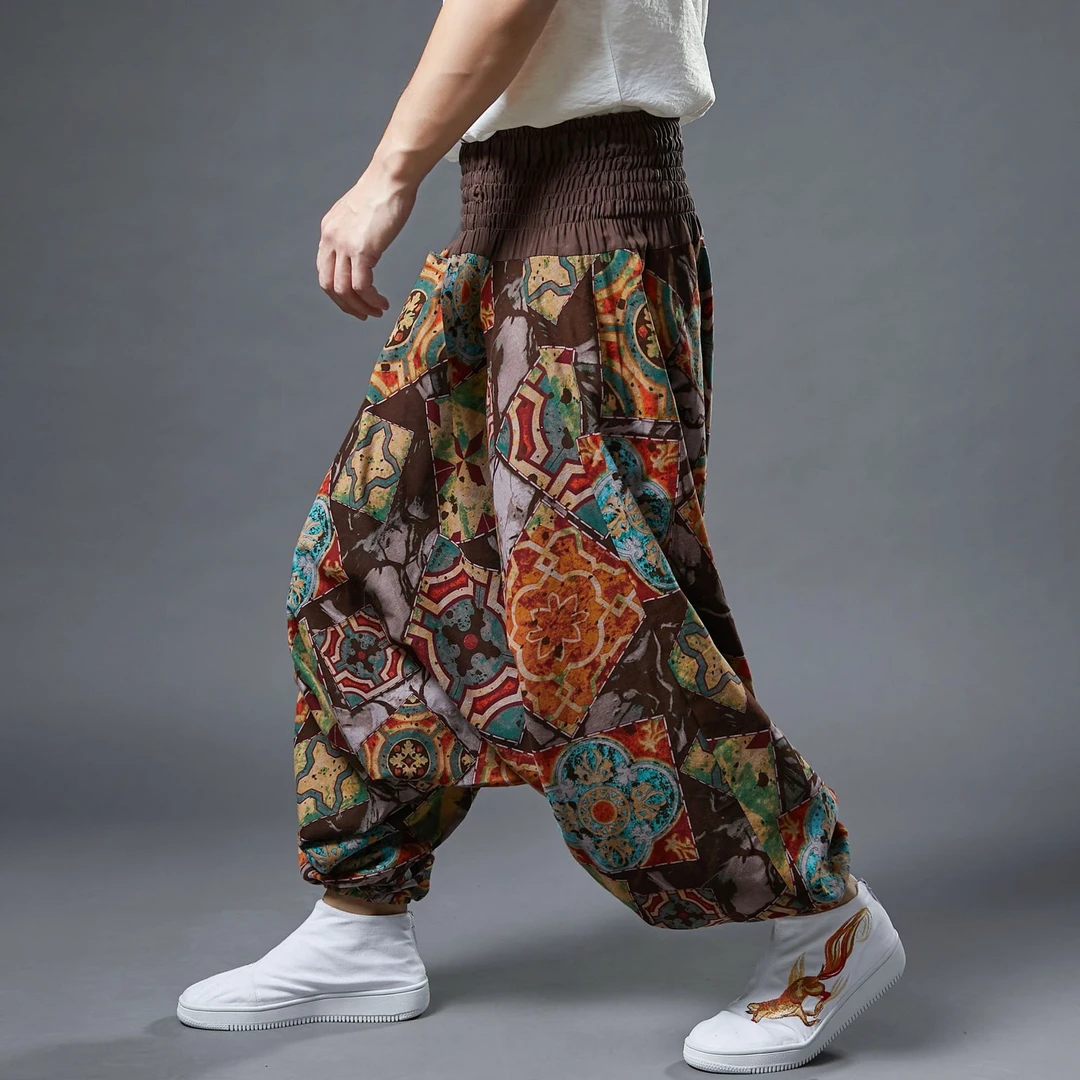 中国风吊裆裤棉麻印花宽松大裤裆垮裤男复古风棉麻哈伦掉档伞裤潮