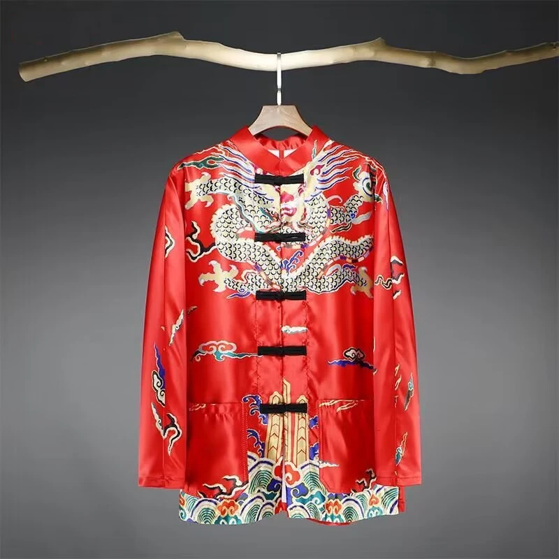 唐装男青年盘扣立领复古上衣男装中国风绸缎印花龙袍外套男对襟衣