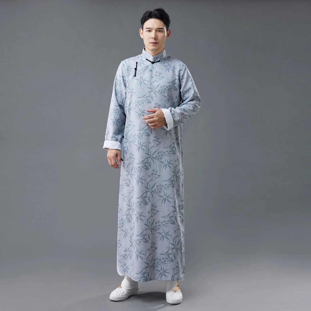 中国风新款涤麻印花长衫立领盘扣亚麻提花长袍新中式唐装相声大褂