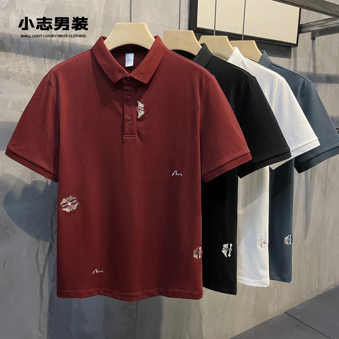 2024夏季休闲创意刺绣翻领POLO衫百搭气质短袖舒适透气修身上衣男
