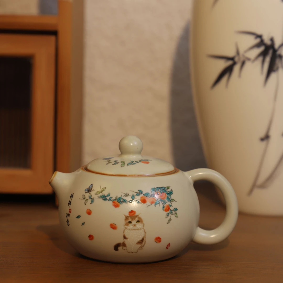 小马 米黄汝窑柿柿如意西施壶家用泡茶壶