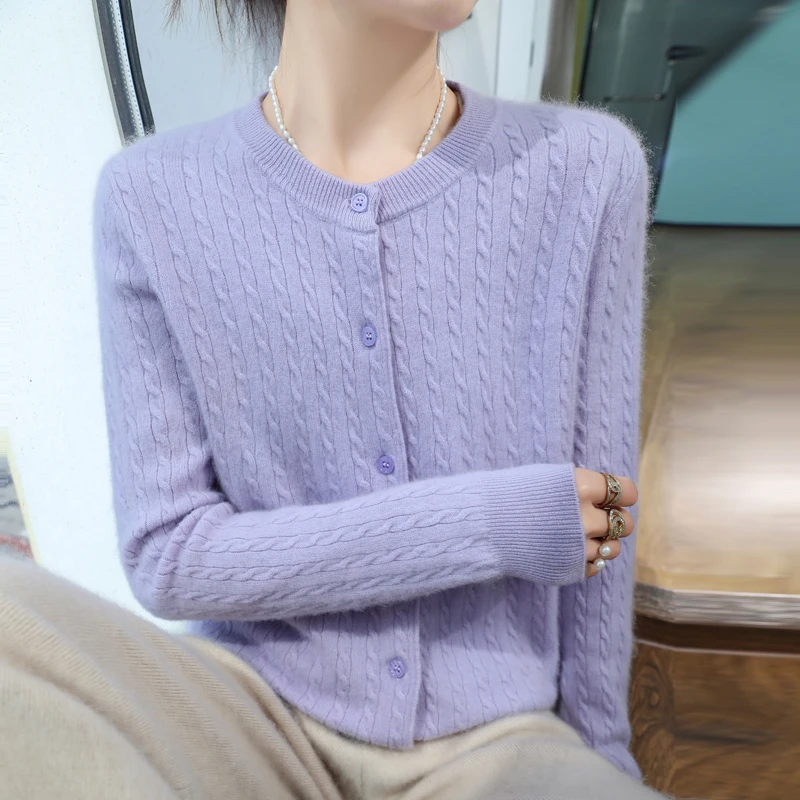 毛衣外套秋冬新款绞花圆领开衫宽松减龄上衣肌理感麻花针织衫A117