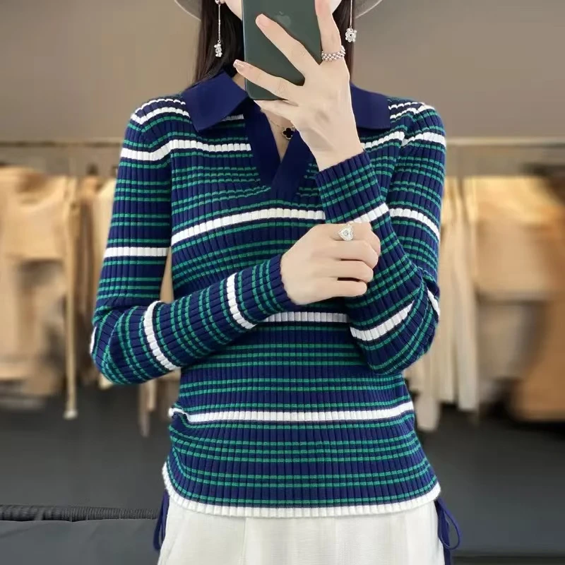 2024秋冬新款时尚复古条纹针织衫洋气Polo领长袖时髦打底上衣A310
