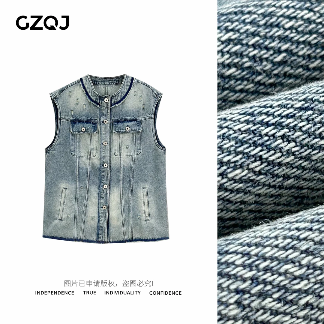 GZQJ【流行前线】重工水洗磨破立领时尚牛仔马甲外套女夏3091