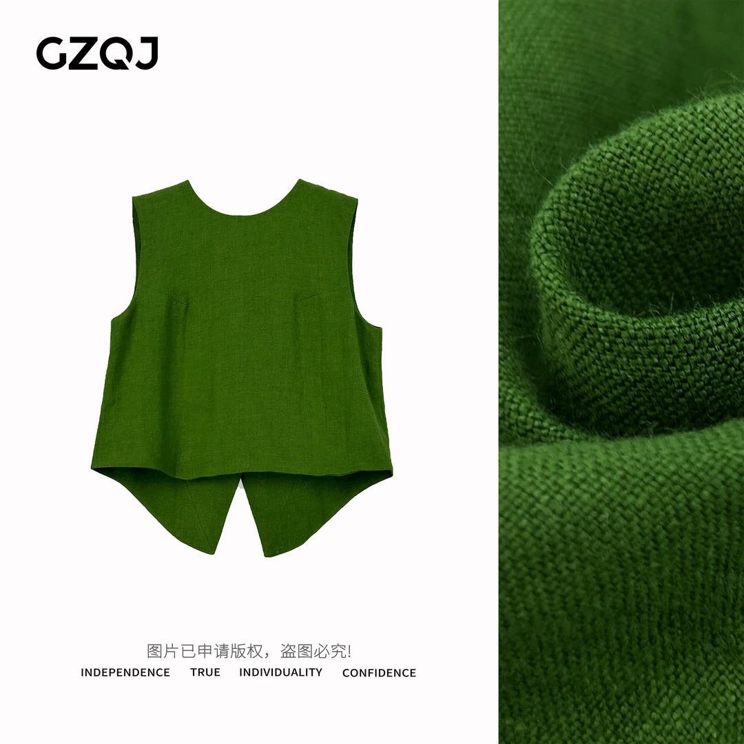 老琴私服【元气嘉宾】100亚麻设计感圆领无袖马夹背心上衣女 92828