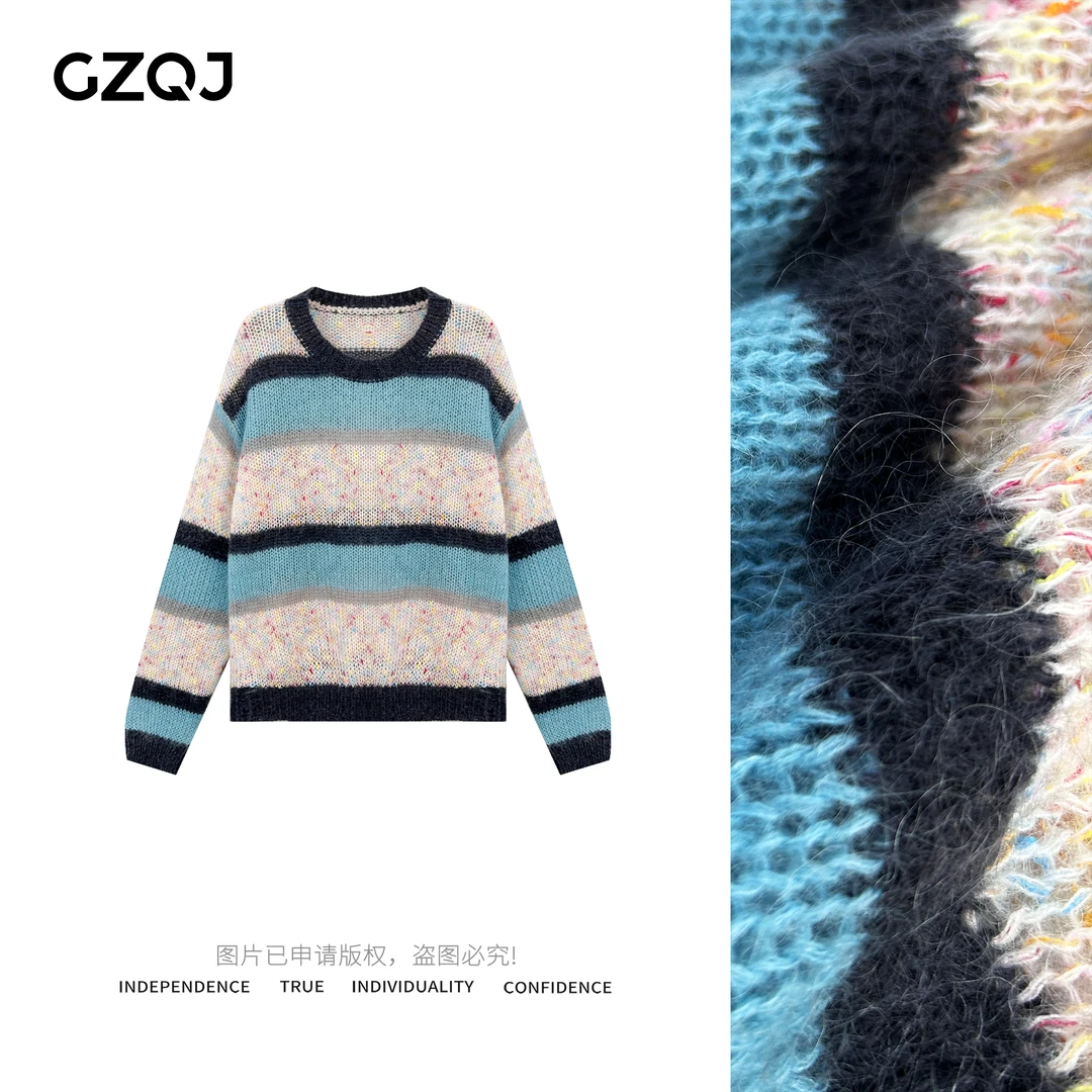 老琴私服【初雪】慵懒风复古撞色条纹毛衣女秋冬拼色套头针织衫8203