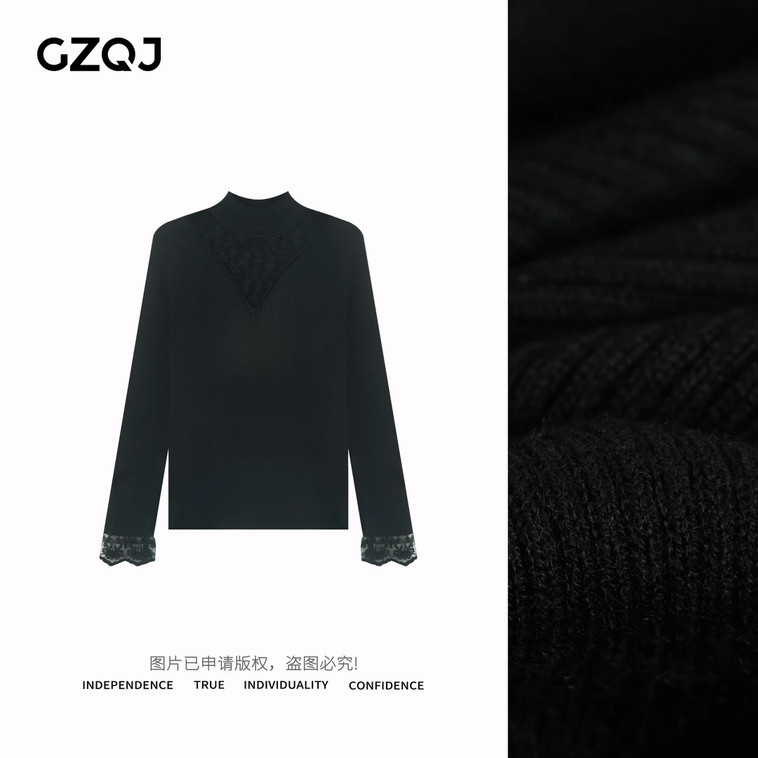老琴私服【收藏浪漫】立领蕾丝镂空小心机修身针织打底上衣79160