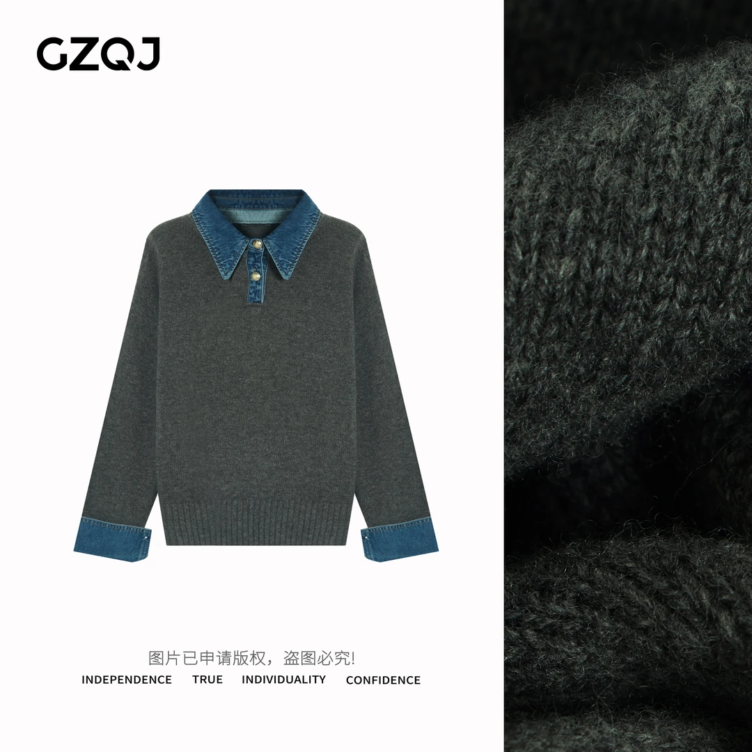 老琴私服【海德花园】牛仔拼接假两件羊毛针织衫毛衣上衣女秋冬9917