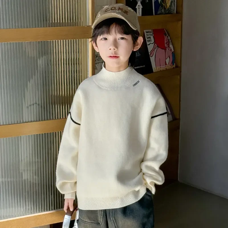 男童6-12岁白色毛衣秋冬2025新款中大童男孩冬季半高领针织衫加厚