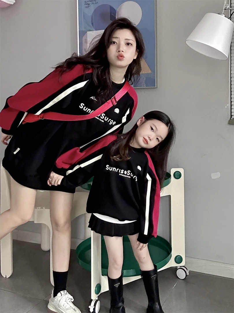 QZ418冬季加绒圆领国潮酷飒机车风宽松亲子装卫衣-5