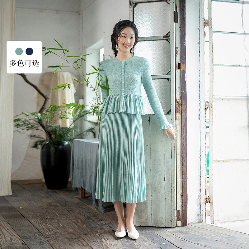 生活在左金丝毛织连衣裙假两件复古保暖高腰2025春季新品1951039