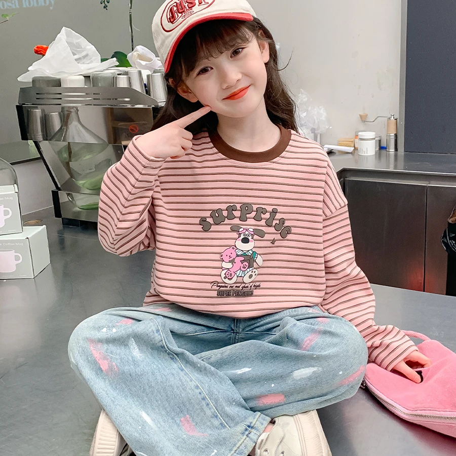 女童长袖T恤春秋款2024新款童装纯棉秋季条纹上衣儿童秋装打底衫