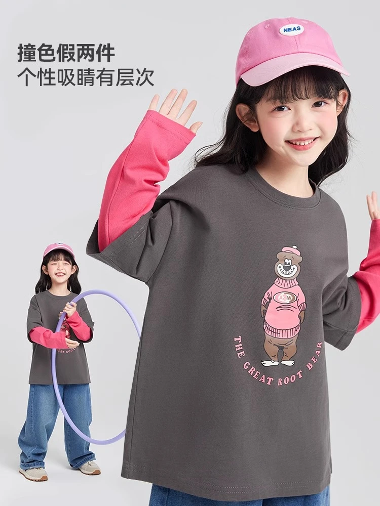 儿童长袖t恤2024春秋款上衣中大童印花小熊假两件撞色宽松打底衫