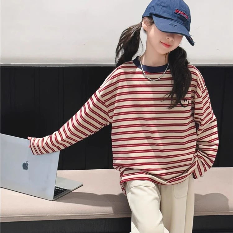 女宝春装2025新款女大童春秋款打底衫中大童条纹长袖宽松儿童服装