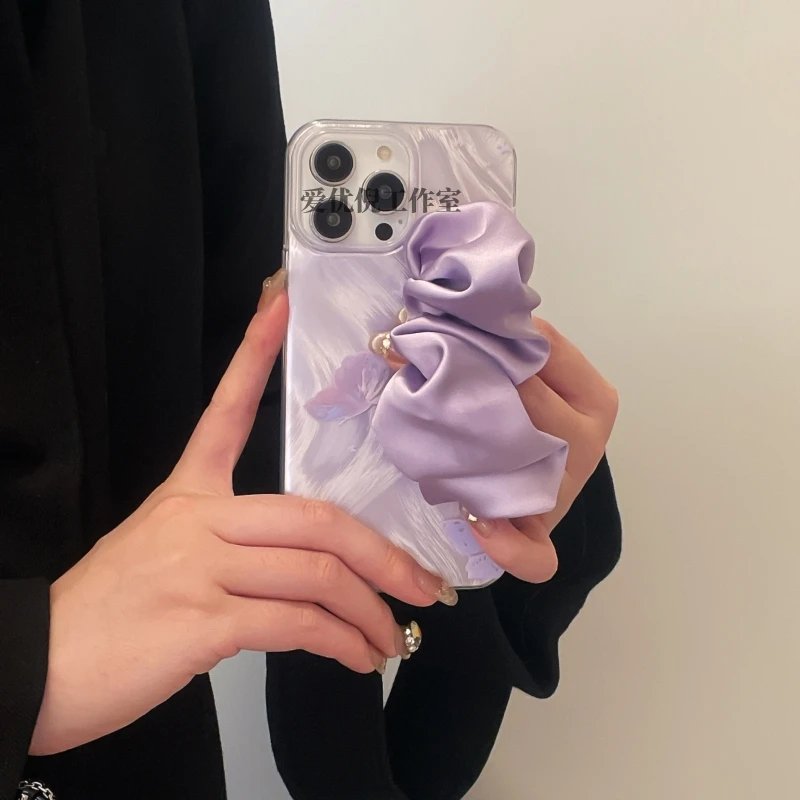 紫色蝴蝶丝巾腕带适用苹果华为荣耀OPPO红米小米VIVO手机壳斜挎