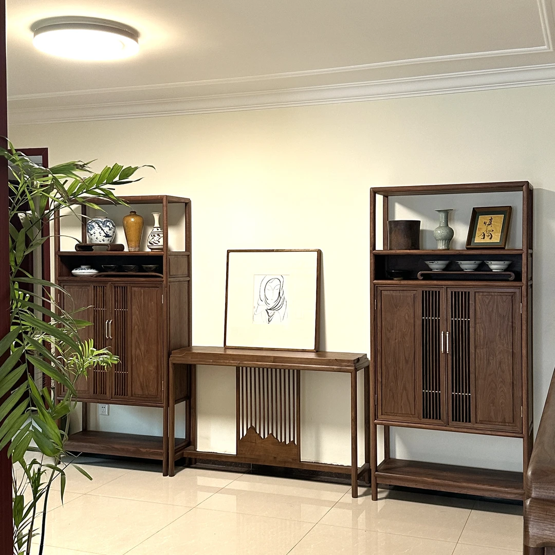 乐木新中式黑胡桃实木书架书柜书房家具茶柜子置物架工厂店铺