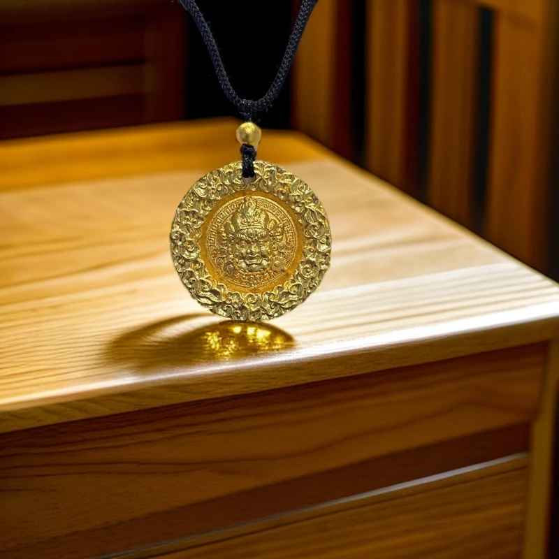 铜合金吊坠 铜合金吉言黄财神古法传承吊坠双面金色雕刻