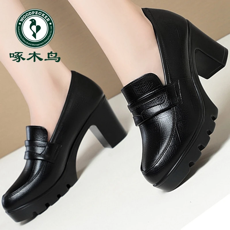 啄木鸟深口乐福鞋厚底女鞋中年上班族旗袍高跟鞋皮鞋单鞋英伦风