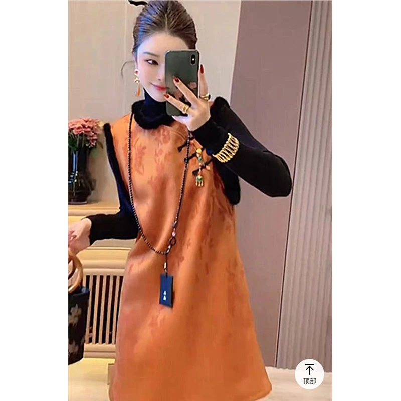 高品质时尚新中式国潮风提花拼接毛毛马甲连衣裙打底衫两件套女装