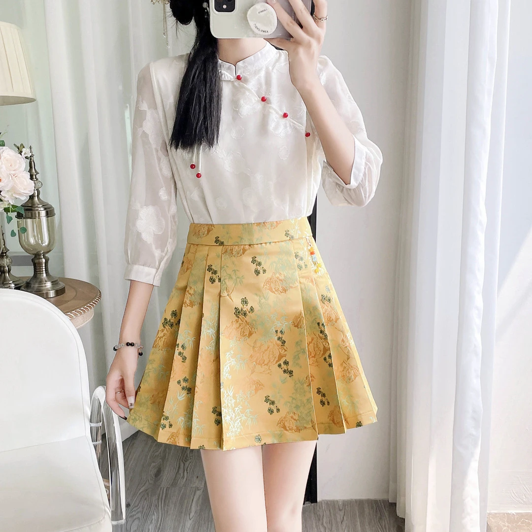 改良高腰半裙新款防走光小个子百搭气质富贵竹短裙半身裙新中式女