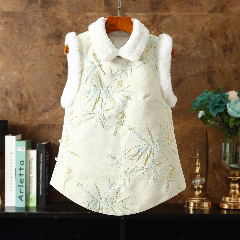 中式复古宫廷新款福利冬女式马甲织锦竹雀提花修身夹棉加厚马夹